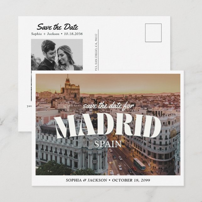 Postal Madrid Wedding Save the Date Retro Destination (Anverso / Reverso)