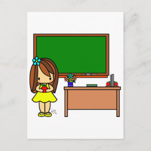 Postal Maestra educada en su aula sosteniendo una manzana