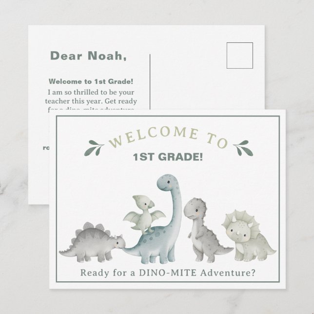 Postal Maestra linda de dinosaurios Bienvenidos a 1er gra (Anverso / Reverso)