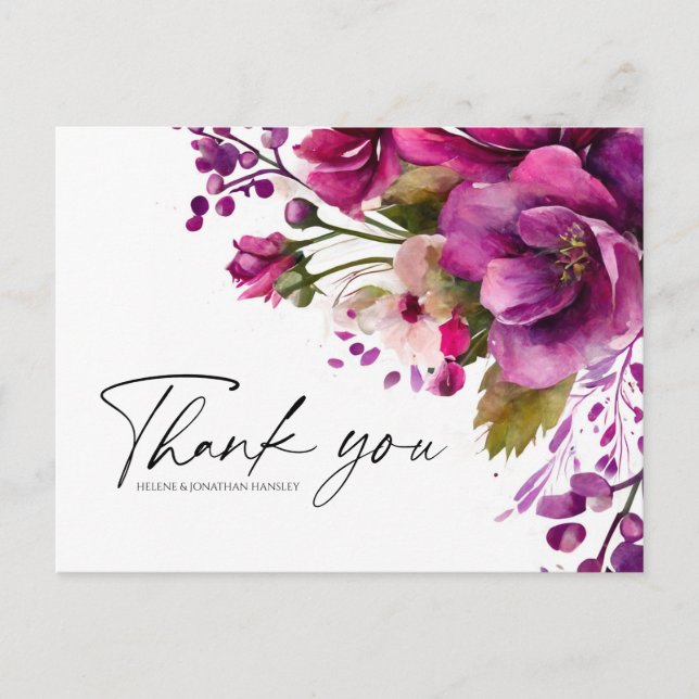 Postal Magenta Pink Bold Boda Floral Moderno Gracias (Anverso)