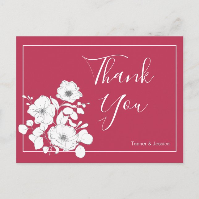 Postal Magenta y Boda floral blanco gracias (Anverso)