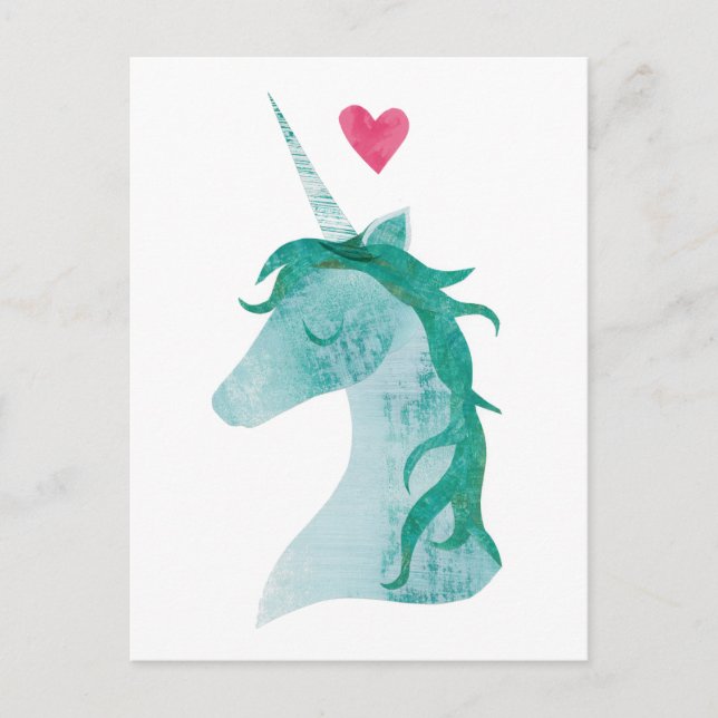 Postal Magia azul unicornio con corazón (Anverso)