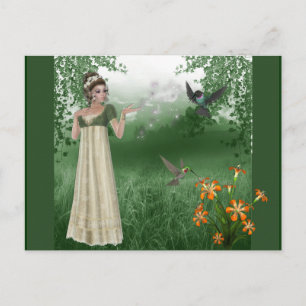 Postal Magia Elf en campo de hierba con colibríes