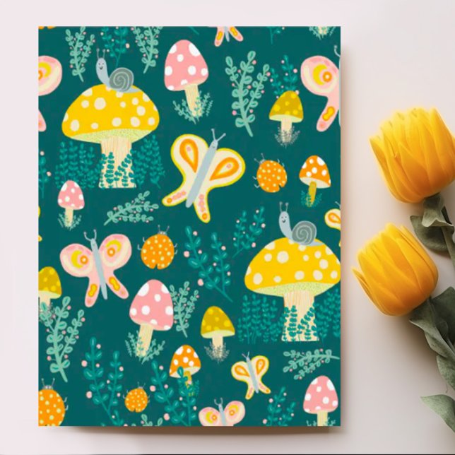 Postal Magia Mushrooms Cute Butterflies Sniceps Ladybugs (Cute whimsical fun pattern of mushrooms, butterflies, snails and plants on a custom postcard)