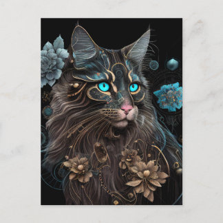 Postal Magia steampunk Maine Coon gato y flores arte de I