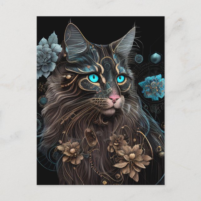 Postal Magia steampunk Maine Coon gato y flores arte de I (Anverso)