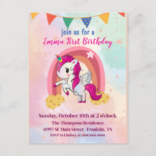 Postal Magical Unicornios color de agua rosa primer cumpl