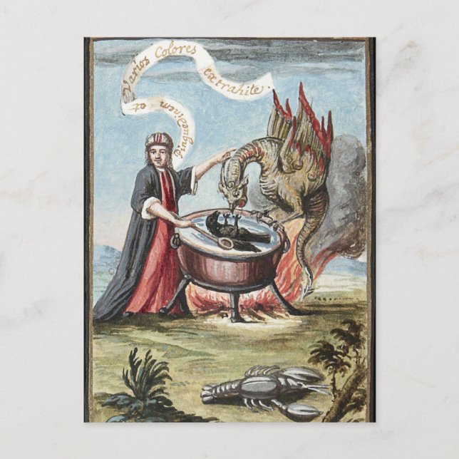 Postal Magicián y dragón en el caldero de la alquimia (Anverso)