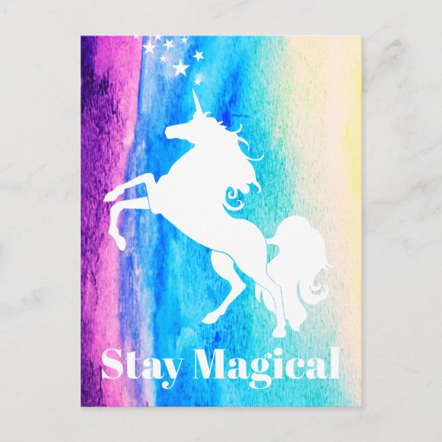 Postal Magnífica acuarela arcoiris blanca unicornio (Anverso)