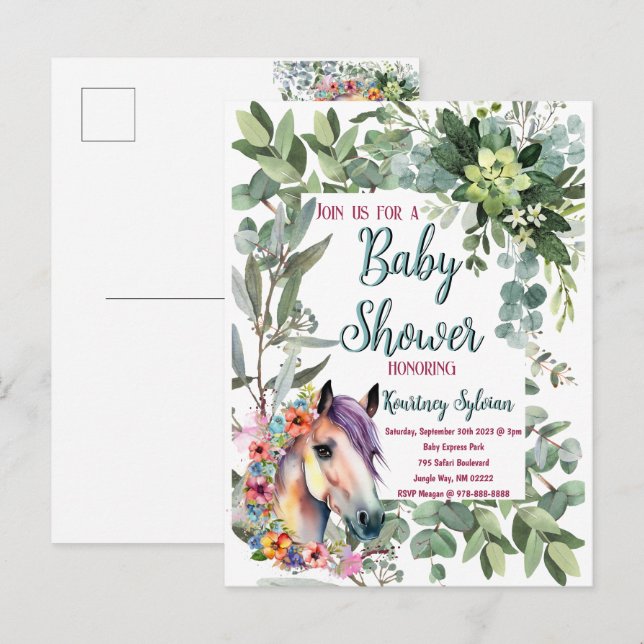 Postal Magnífica acuarela Floral Horse Baby Shower (Anverso / Reverso)