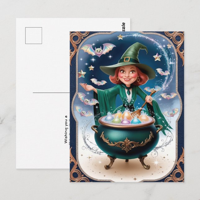 Postal Magnífica Bruja de Halloween con encanto de Cauldr (Anverso / Reverso)