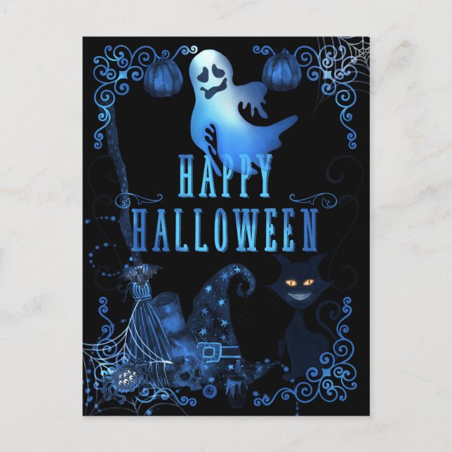 Postal Magnífico Happy Halloween Black Cat Luces de respl (Anverso)