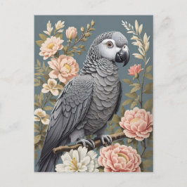 Postal Magnífico Loro Gris Africano Con Elegantes Florale