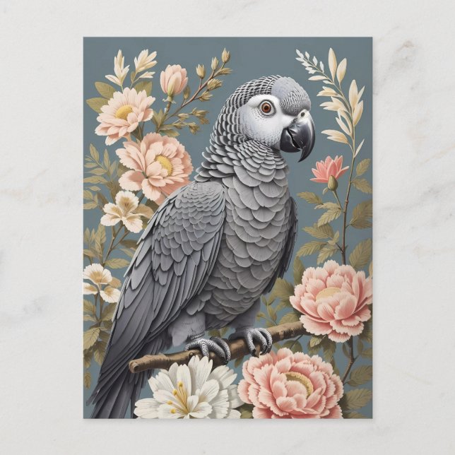 Postal Magnífico Loro Gris Africano Con Elegantes Florale (Anverso)