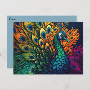 Postal Magnífico pavo real colorido, estilo Art Decó