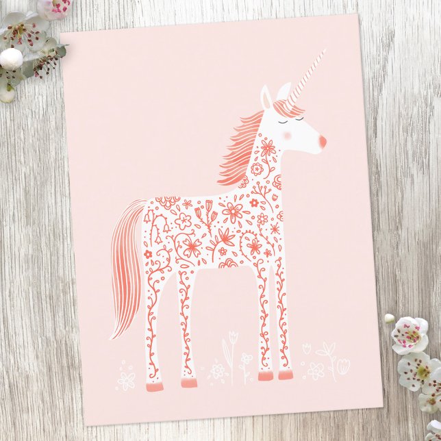 Postal Magnífico Unicornio Rubor Pink (Floral unicorn postcard)