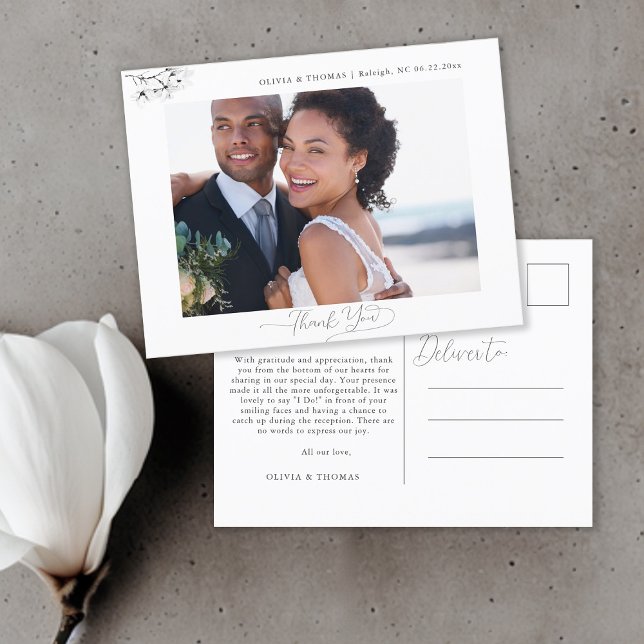 Postal Magnolia Boda Blanco Negro Foto Gracias (Magnolia Wedding Photo Thank You Postcard Black and White Modern Classic Elegant Chic)