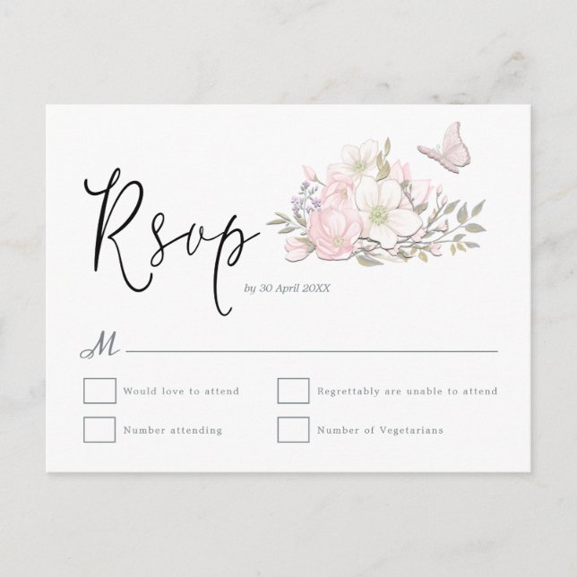 Postal Magnolia Butterfly Watercoloros Script Wedding RSV (Anverso)