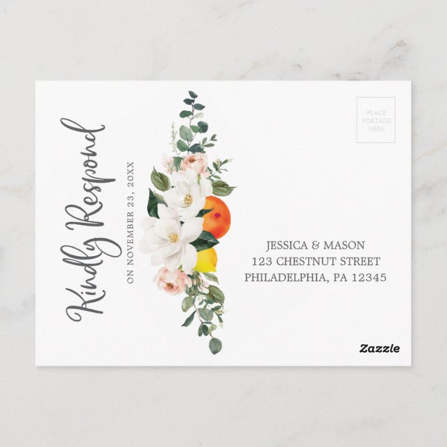 Postal Magnolia Citrus Boda Floral RSVP Postcard (Reverso)