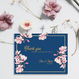 Postal Magnolia Navy Blue Floral Wedding Thank You