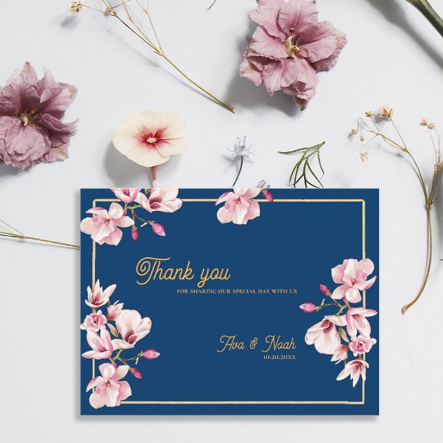 Postal Magnolia Navy Blue Floral Wedding Thank You (Magnolia Navy Blue Floral Wedding Thank You Postcard)
