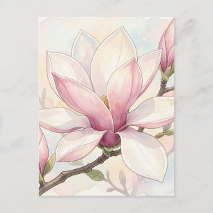 Postal Magnolia Rosa Delicada Floración Acuarela