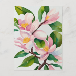 Postal Magnolia Rosa Florecida Acuarela