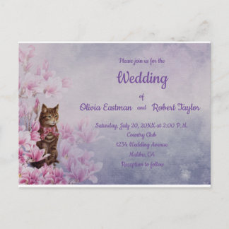 Postal Magnolia rosa personalizada y boda de gatos
