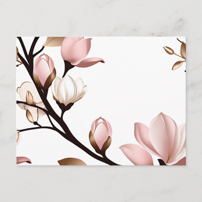 Postal Magnolia Rosa Rubor sobre Blanco (Anverso)