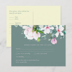 Postal Magnolias rosadas con RSVP de boda amarilla