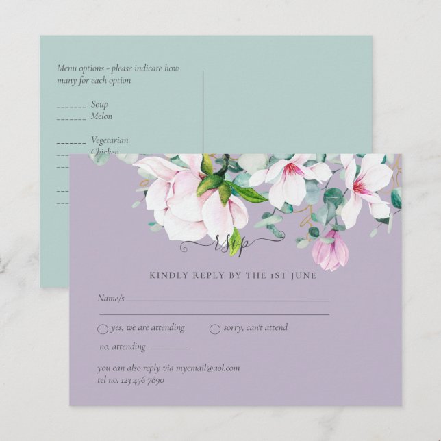 Postal Magnolias rosadas Lavanda Eucalyptus Wedding rsvp  (Anverso / Reverso)