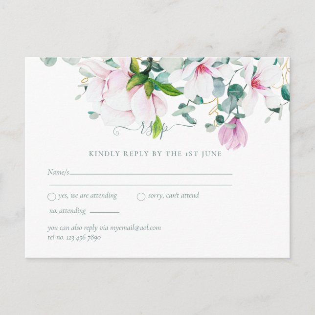 Postal Magnolias rosadas Sage Eucalyptus Wedding rsvp Pos (Anverso)