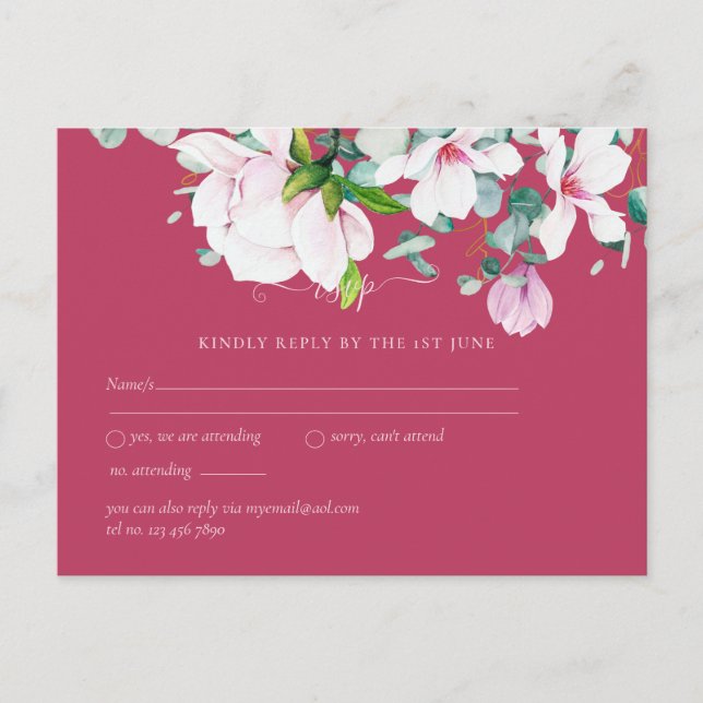 Postal Magnolias rosadas Sage Eucalyptus Wedding rsvp Pos (Anverso)