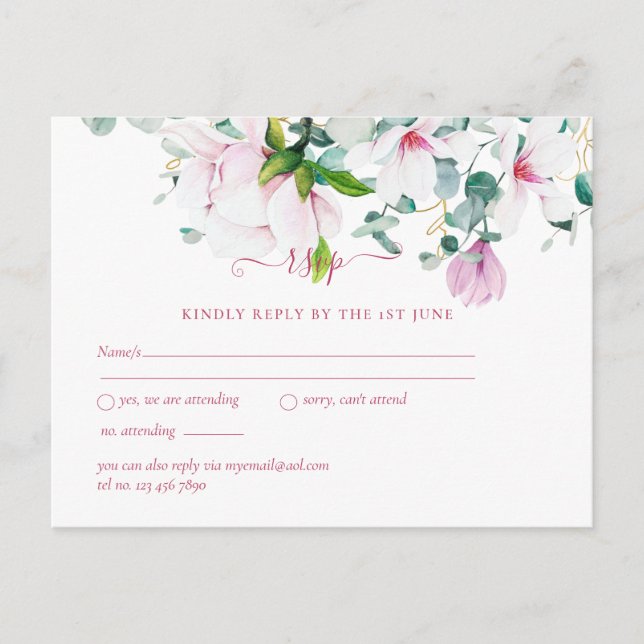 Postal Magnolias rosadas Sage Eucalyptus Wedding rsvp Pos (Anverso)