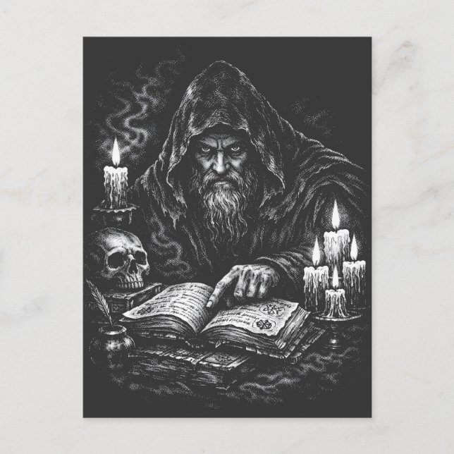 Postal Mago estudiando el grimorio — por BurnsInHell (Anverso)