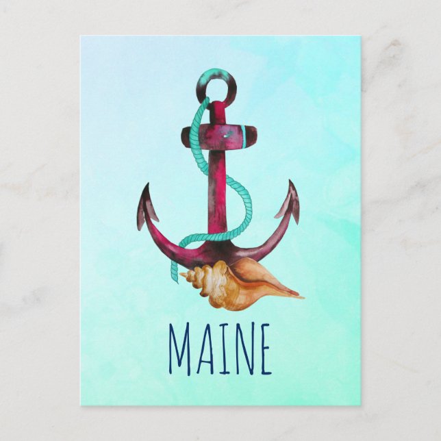 Postal Maine Con Anchor Y Tema Náutico De Las Aguas Marin (Anverso)