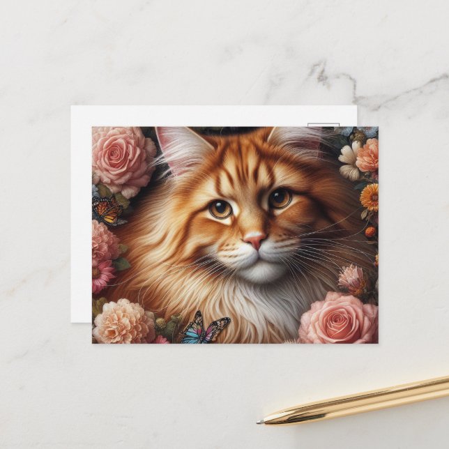 Postal Maine Coon Cat con flores rosas (Anverso/Reverso In Situ)