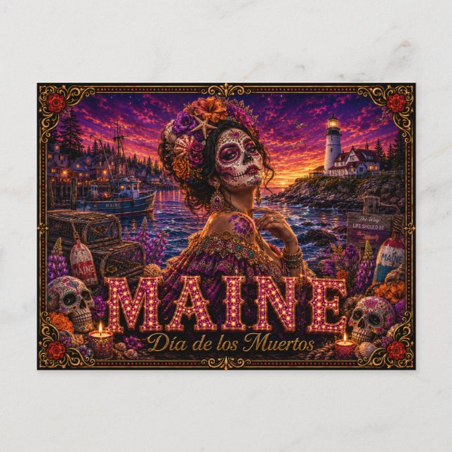Postal Maine Día de los Muertos Retro (Anverso)