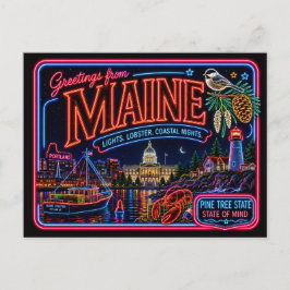 Postal Maine Neon Estado Retro Vintage