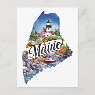 Postal Maine USA Estado con forma de acuarela vintage 