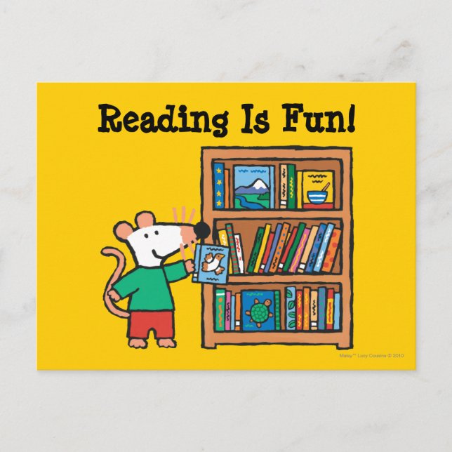 Postal Maisy y una biblioteca de libros (Anverso)