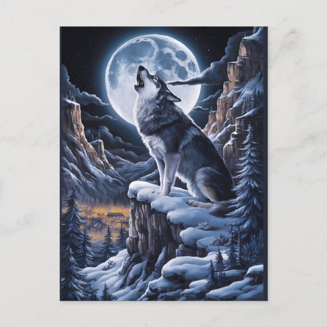 Postal Majestad iluminada por la luna: Wolf Atop Mountain (Anverso)