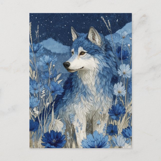 Postal Majestic Blue Wolf in Starry Blossom Garden (Anverso)