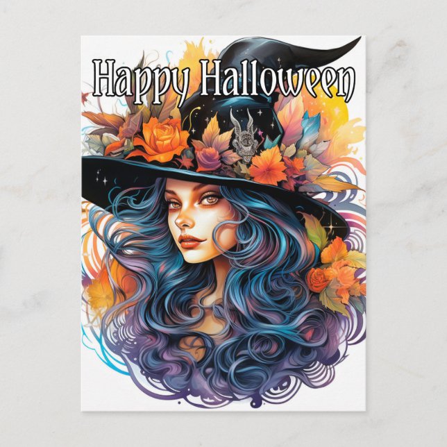 Postal Majestic Otoño Ilustracion Bruja Feliz Halloween (Anverso)