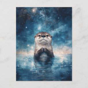 Postal Majestuosa Nutria Bajo el Cielo Nocturno Estrellad