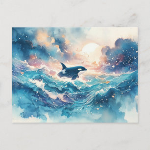 Postal Majestuosa Ola de Acuarela de Orca Iluminada por e