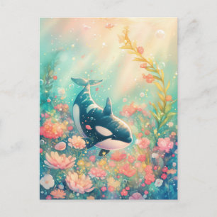 Postal Majestuosa Orca en Jardín Marino Rosa