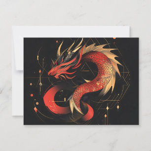 Postal Majestuoso Arte Dragón Chino Rojo y Oro