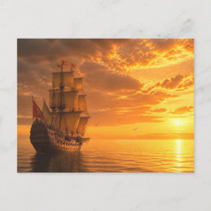 Postal Majestuoso Galleón Vintage Barco Atardecer Oceánic