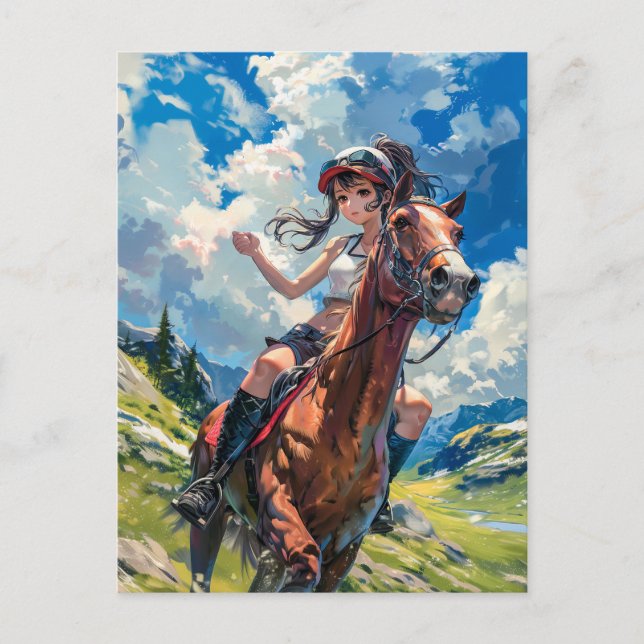 Postal Majestuoso jinete de anime en las montañas exubera (Anverso)